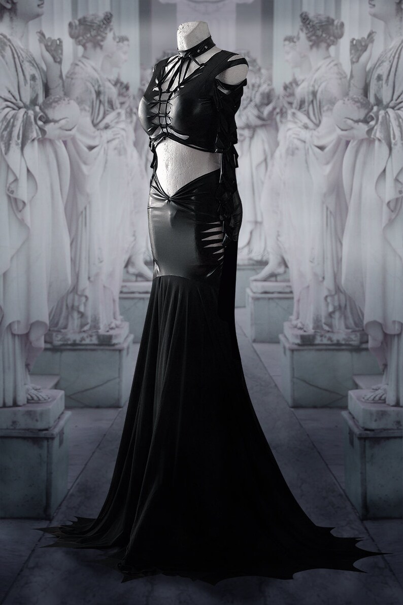 slashed dress Morticia Addams black gothic latex wet look