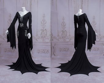 Slashed dress Addams Elvira black gothic latex wet look halloween wedding open leg long sleeves Wednesday