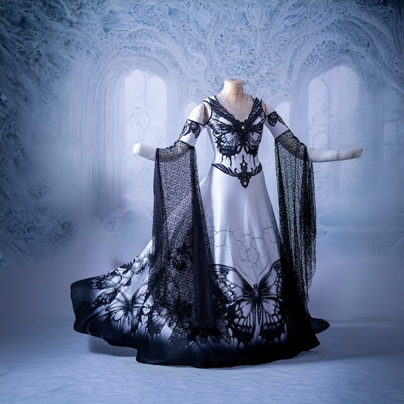 Gothic Black and White Wedding Dress With Beaded Butterfly Print Bell Sleeves and A line Skirt Perfect for Prom Ball and Anniversary Etsy Canada