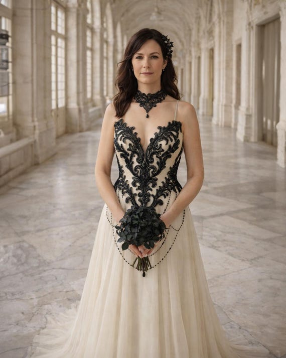 cream and black dresses for wedding Ecliptica Sanctum echo Color:Satin Mica Floral/Print Black Dress and Black Body Shape
