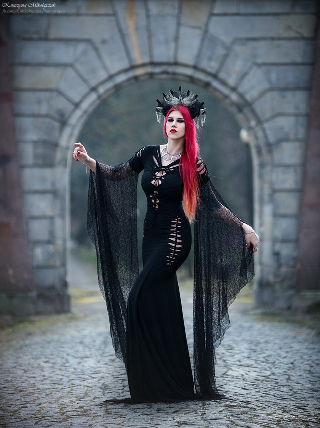 Slashed Dress Elvira Black Gothic Latex Wet Look Halloween