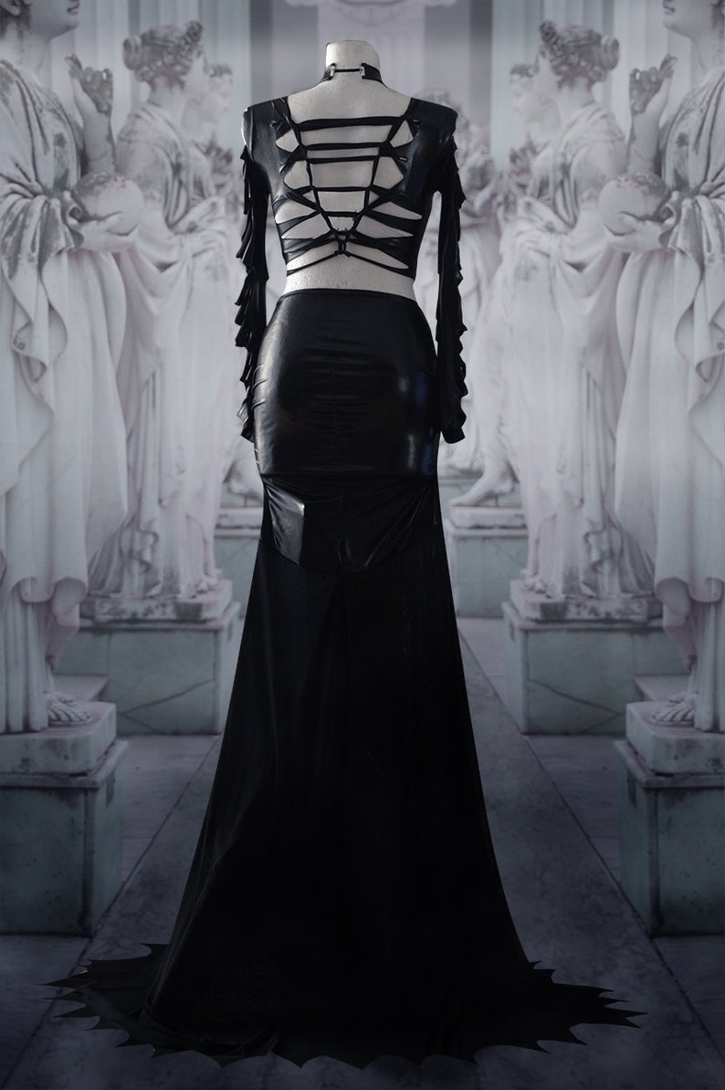 slashed dress Morticia Addams black gothic latex wet look