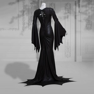 Slashed dress Addams Elvira black gothic latex wet look halloween wedding open leg long sleeves image 4