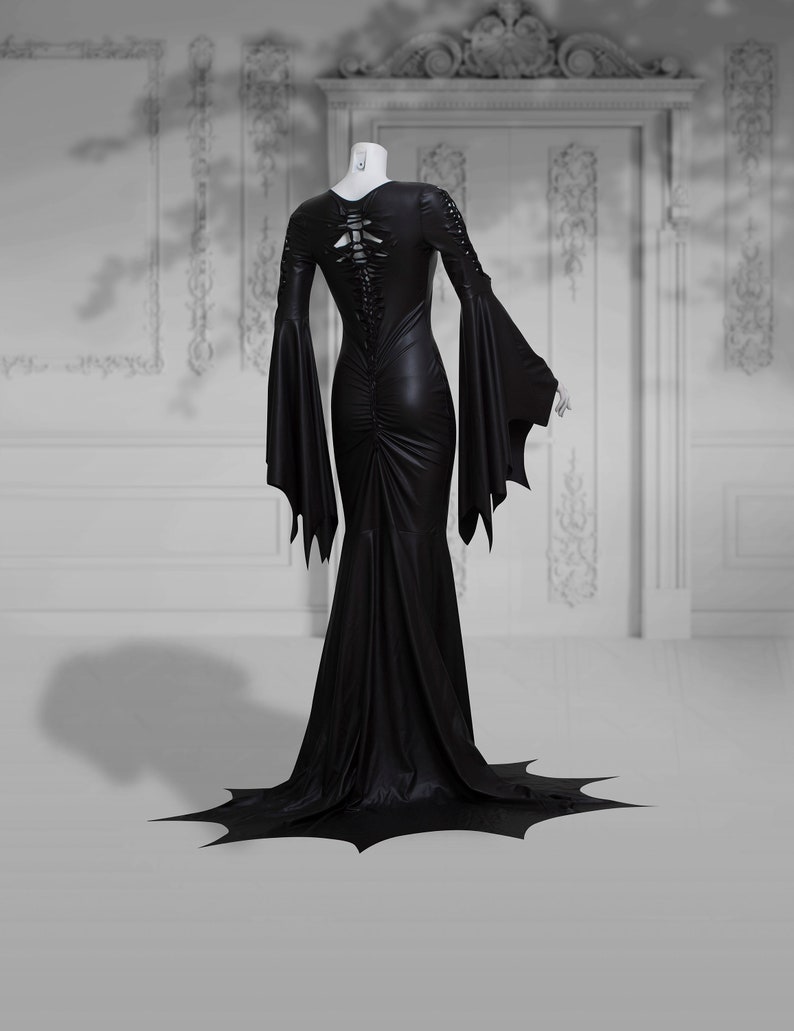 Slashed dress Addams Elvira black gothic latex wet look halloween wedding open leg long sleeves image 4