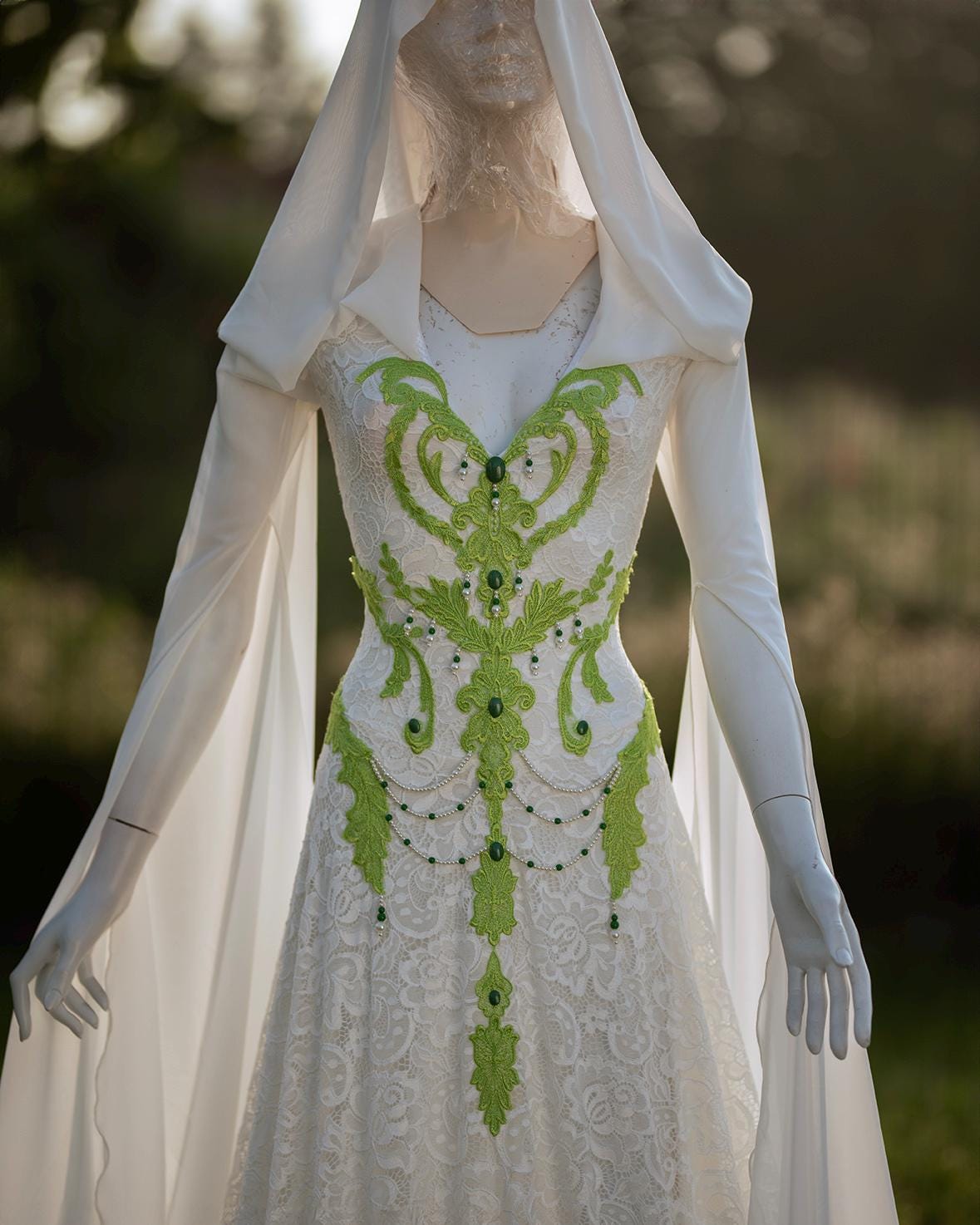 Elven wedding dress with green embroidery - fairy forest bridal gown, handfasting ritual gown, elopement dress - made to measure