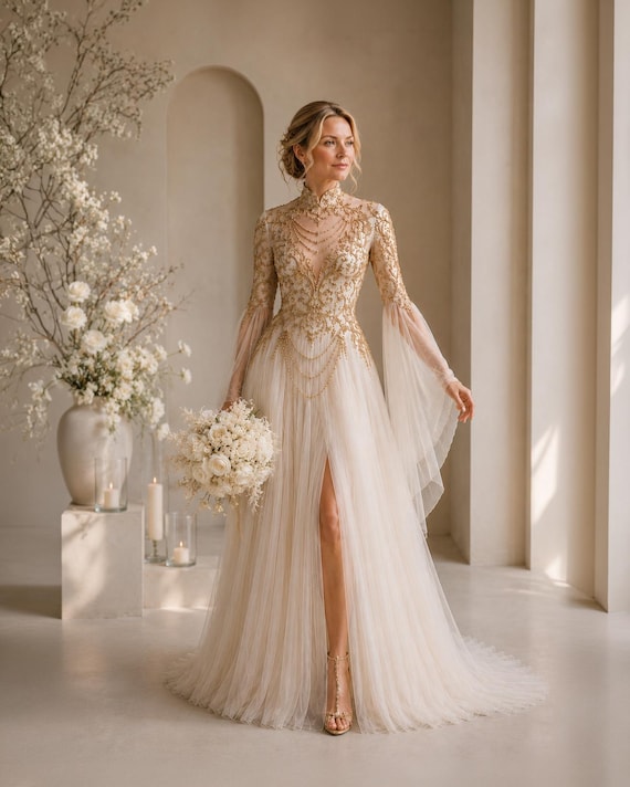 cream and gold dress for wedding Aurelia Celestine Gown, Bridal Dress, Luxury Elopement Dress, Royal Bride, Custom Couture Preorder Size:15 32-33 _badge_Natural Fibers Designer Beach Coverup Dress You can adjust the