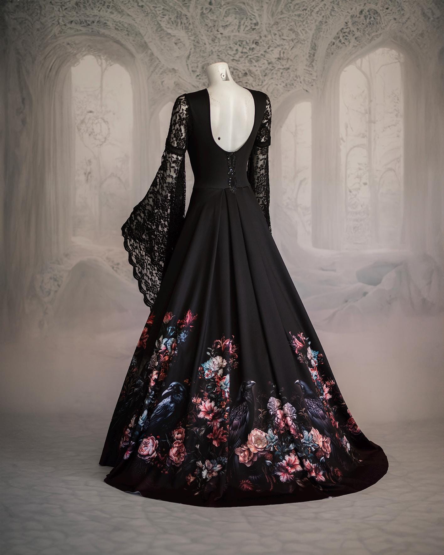 Morrigan Halloween Crow Gown Gothic Black Wedding Dress With Lace ...