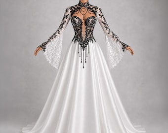 May include: A floor-length white gown featuring a high-neck bodice with intricate black lace overlays, long flared sleeves, and a deep plunging neckline. The bodice is adorned with dangling black beaded fringe accents.