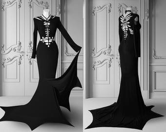 slashed dress addams black gothic wedding gown halloween long train bat vampire