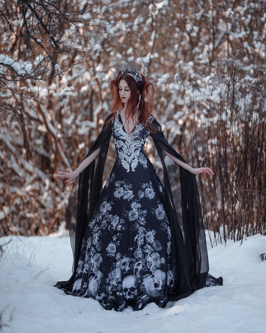 chinese dress ladies Plus Size Sexy Womans Halloween Costume Gothic Skeleton Skull Lace Bustier  Long Sleeve Maxi Gown