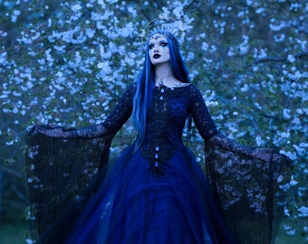 Black navy blue pentagram satanic gothic wedding dress bell sleeves to the ground halloween custom made long train Black navy blue pentagram satanic gothic wedding dress bell sleeves to the ground halloween custom made long train