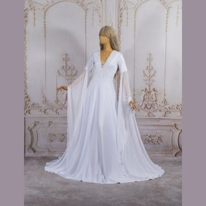 White elven wedding dress gown – fantasy fairy medieval witch pagan bridal gown with long flared sleeves and lace embroidery
