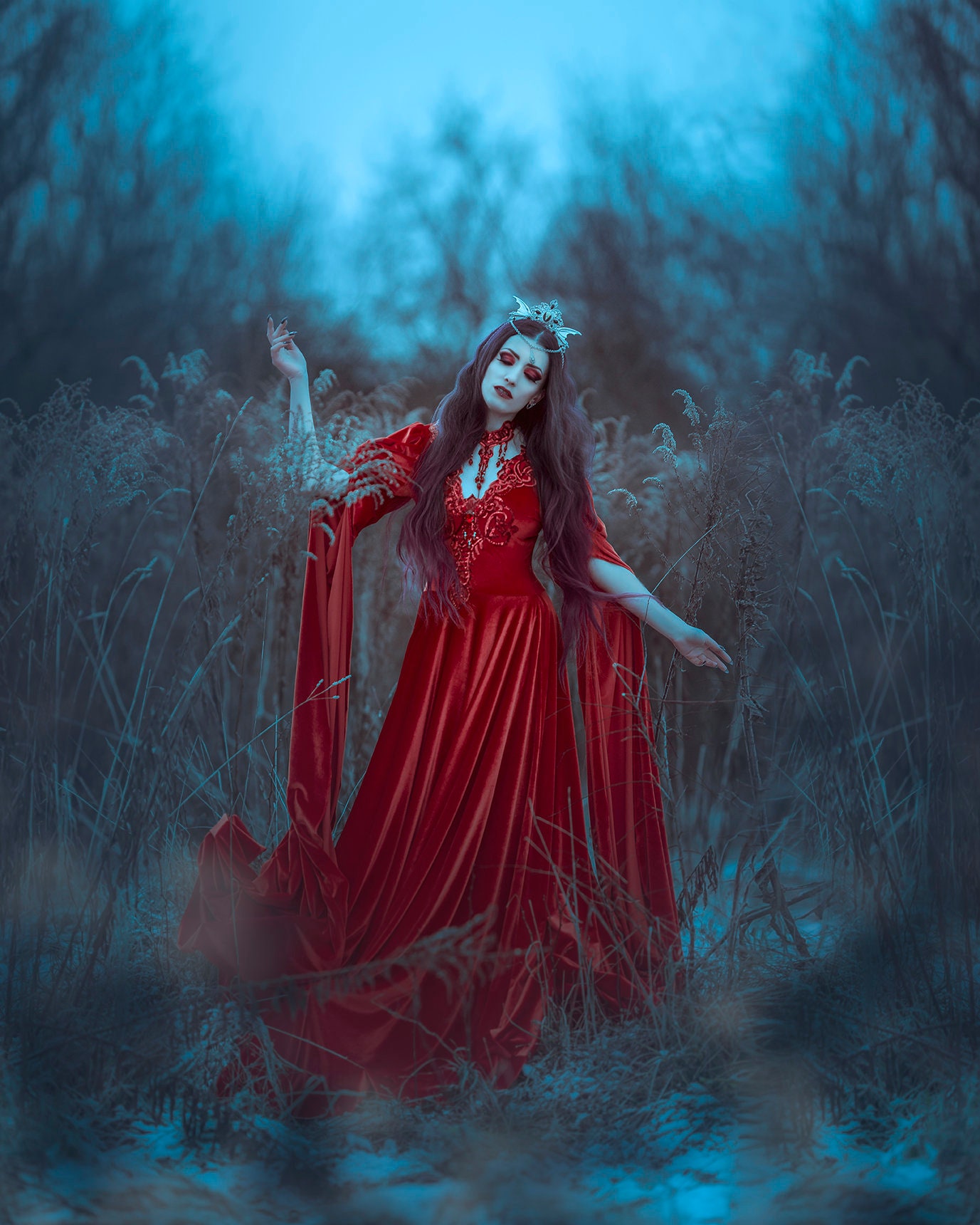 dark red fantasy dress Crimson Lady Dress, Sweetheart Princess Brocade Red Dress With Puffy Sleeves and Long Train, Fantasy Dress, Gothic Princess Dress