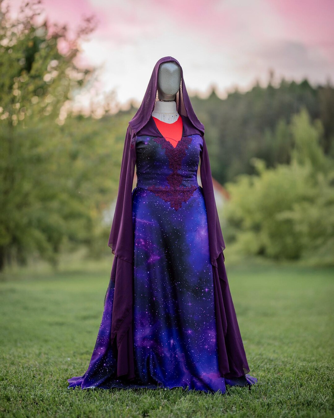 purple witchy dress Galaxy witch dress with hood Purple cosmic elopement gown Alternative wedding dress with celestial print & chiffon sleeves Ready for ritual