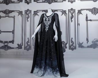 Gothic starry wedding dress with silver beaded lace, celestial moon print, black mesh sleeves, dark fantasy handfasting gown
