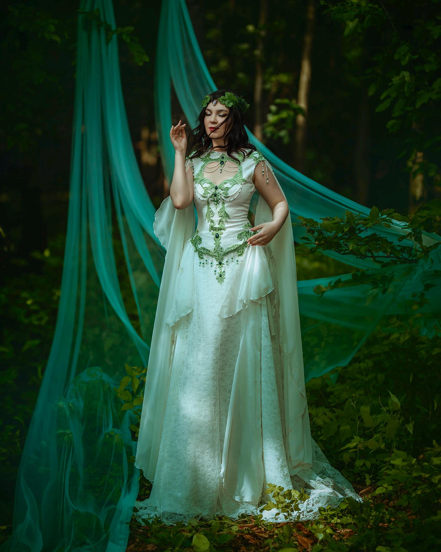 Elven Wedding Dress in White and Green  Custom Forest Bridal Gown  Fairy  Ritual Gown  Fantasy Elopement Dress  Nature Bride - Etsy Australia