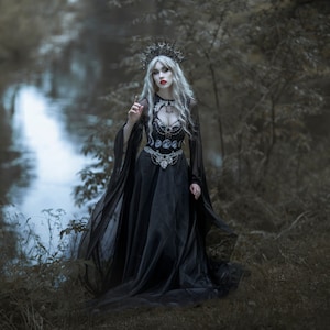 Alkemia moon silver dress wedding gown phases gothic bell sleeves maxi long train elven celtic fantasy image 5