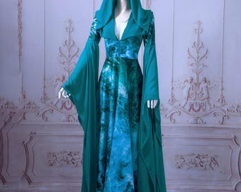 Elven ocean dress water fantasy fairy elven fairytale gothic wedding white blue baroque mediaval pagan viking prom hood hoodie