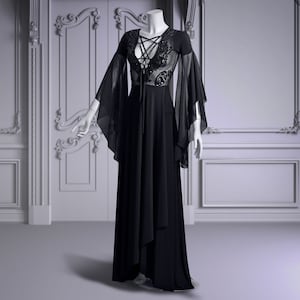 Black Gothic Wedding Dress Elven Style – Sequin Lace, Bell Sleeves, Custom Size, Fantasy Pagan Gown