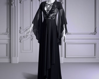 Vestido de novia gótico negro de estilo élfico: encaje de lentejuelas, mangas acampanadas, hecho a medida, vestido pagano de fantasía.