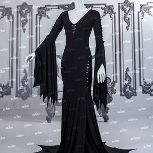 Gothic witch wedding dress with bell sleeves – elven fantasy gown, stretchy handmade black dress for ritual & handfasting bride