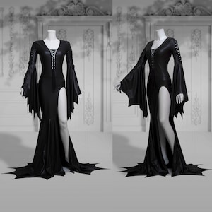 Slashed dress Addams Elvira black gothic latex wet look halloween wedding open leg long sleeves image 1