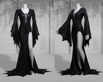 Slashed dress Addams Elvira black gothic latex wet look halloween wedding open leg long sleeves