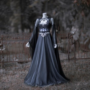 Alkemia moon silver dress wedding gown phases gothic bell sleeves maxi long train elven celtic fantasy