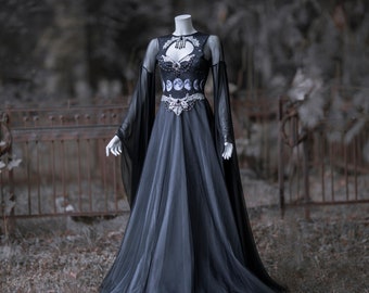 Alkemia moon silver dress wedding gown phases gothic bell sleeves maxi long train elven celtic fantasy