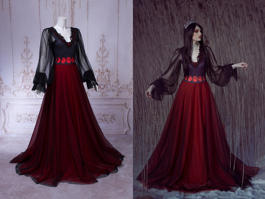 Red Tulle Moon Phases Gown Wedding Dress Witchy Pagan Viking Gothic ...