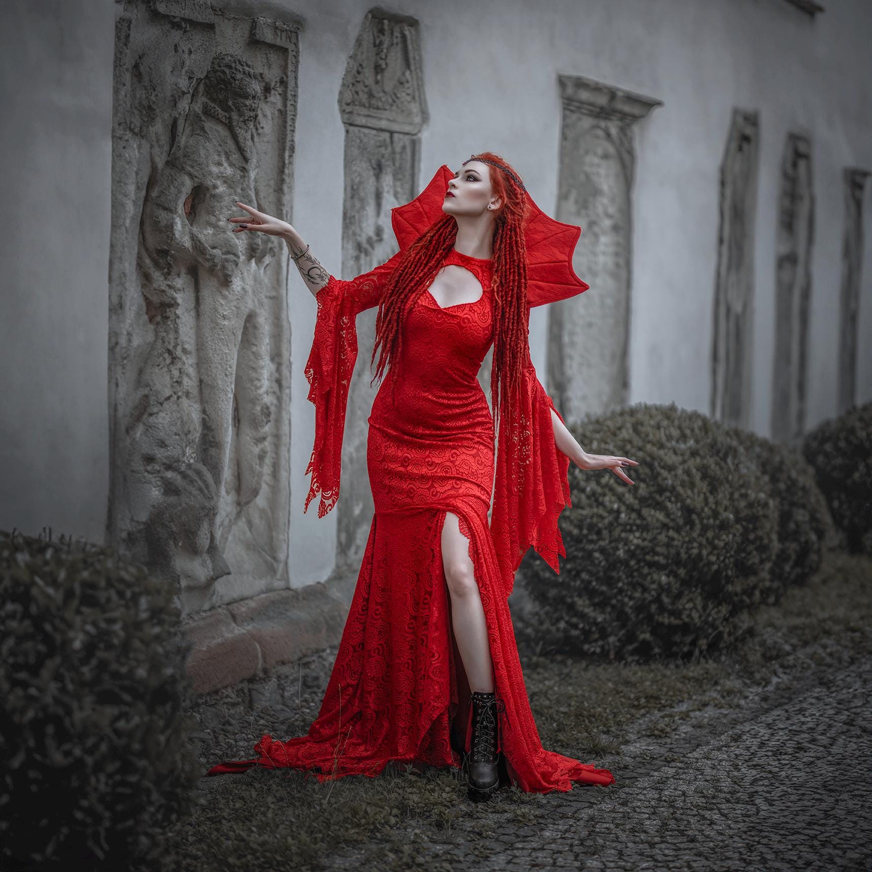 red gothic dress Red Lace Gothic Mermaid Wedding Dress With Bat Sleeves, Long Train, and  Gothic Collar – Perfect for Wedding, Ball, Prom