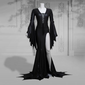 Slashed dress Addams Elvira black gothic latex wet look halloween wedding open leg long sleeves image 2
