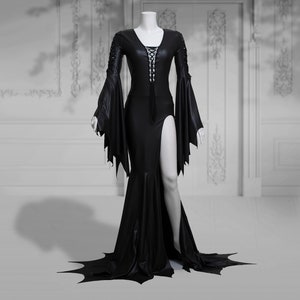 Gothic Black Wedding Dress with Slit | Shiny Faux Leather Fabric | Witchy Alternative Gown with Lace-Up Bodice and Flared Sleeves