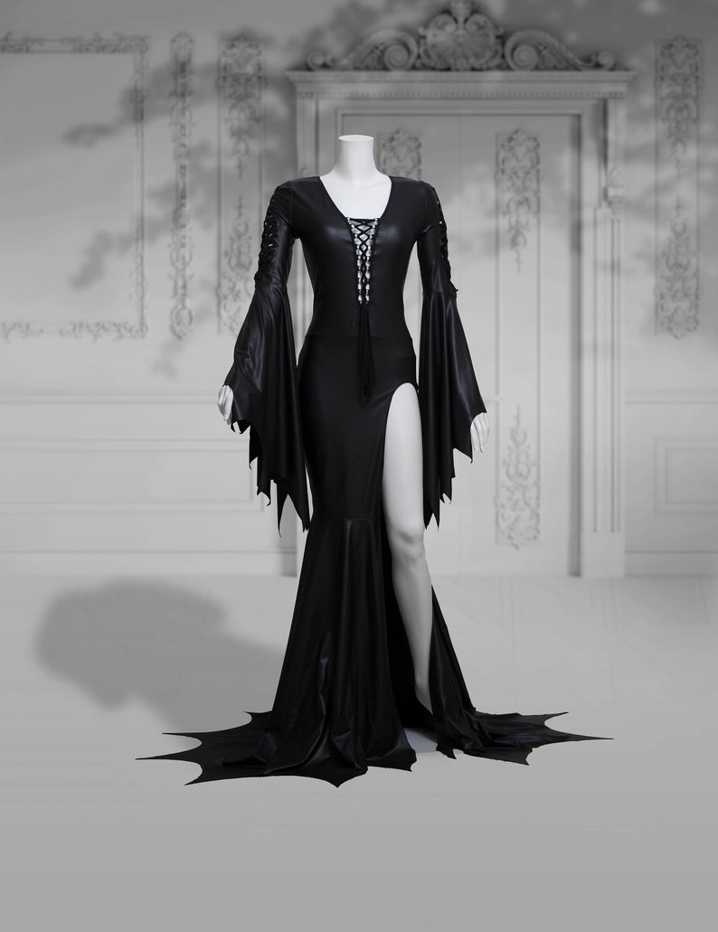 Slashed dress Addams Elvira black gothic latex wet look halloween wedding open leg long sleeves image 2