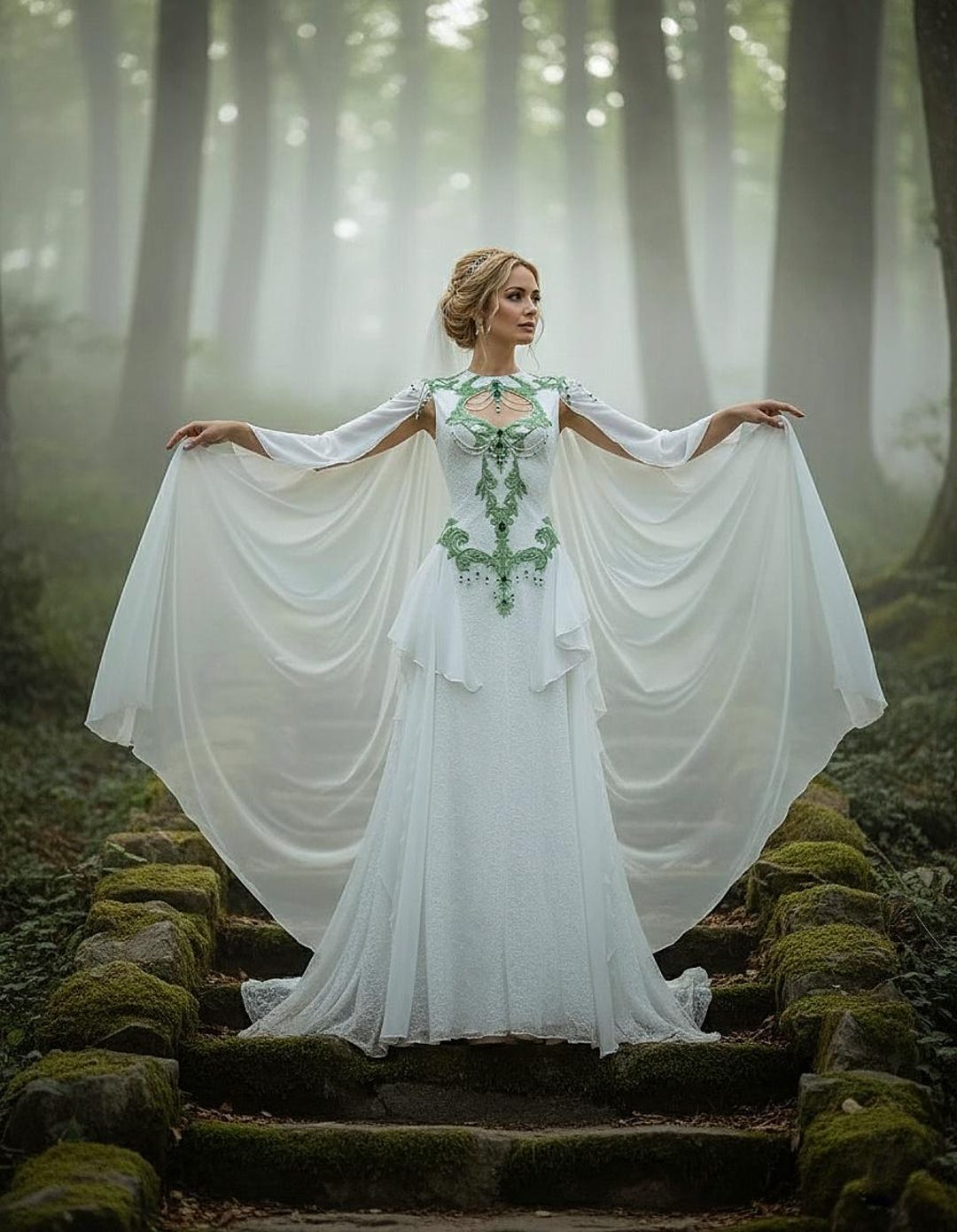 Elven Wedding Dress in White and Green - Custom Forest Bridal Gown - Fairy Ritual Gown - Fantasy Elopement Dress - Nature Bride