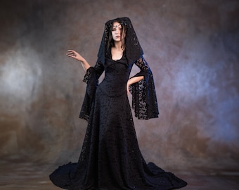 black elven lace dress hood wedding elven dress gown maxi long train bell sleeves fantasy vampire medieval