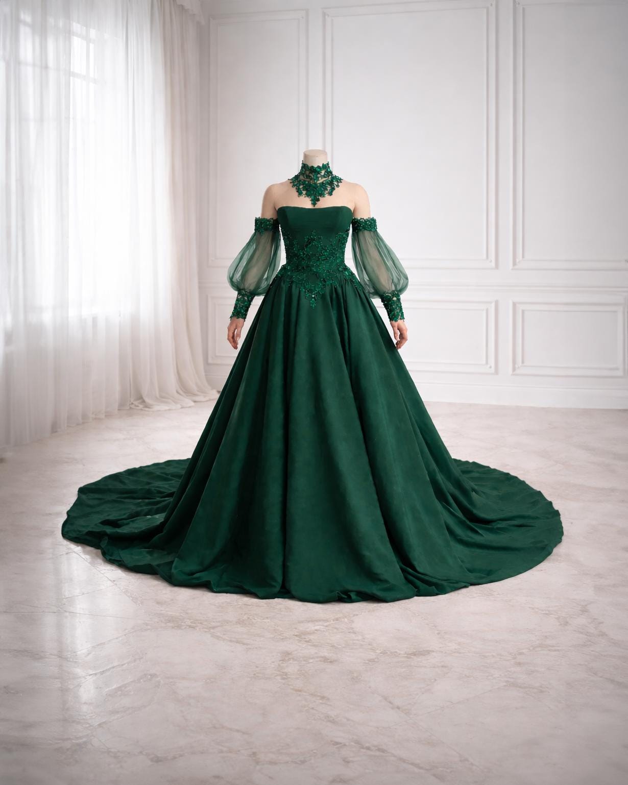 Emerald Guipure Corseted Gown