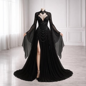 Vestido de novia gótico Vespera Aeternum • Dramático vestido de novia élfico • Vestido de tul negro con encaje y cuentas • Vestido de ceremonia de bruja de fantasía