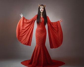 Red gothic lace dress hood wedding elven dress gown maxi long train bell sleeves fantasy vampire medieval open arms