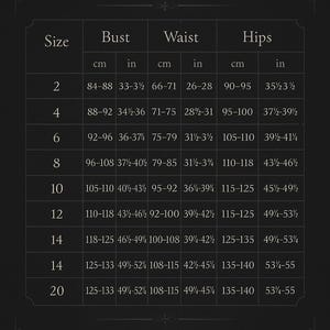 Size chart for made-to-measure gothic dresses