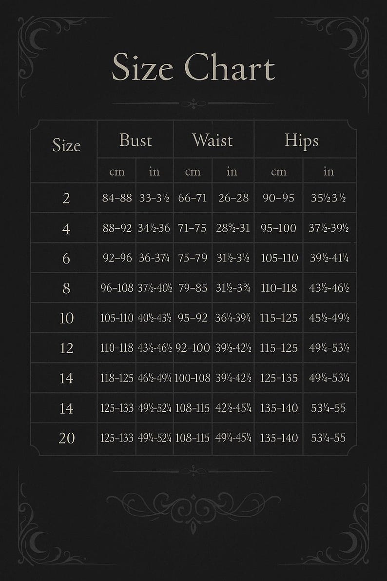 Size chart for made-to-measure gothic dresses