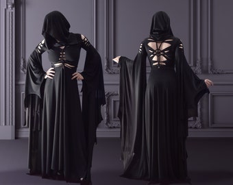 Slashed dress Addams Elvira black gothic latex halloween wedding open leg long sleeves hood hoodie