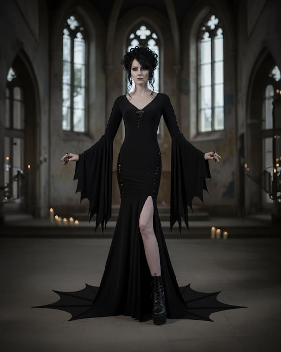 Dahlia Tenebris Black Gothic Wedding Dress - Hand Cut ITY Knit Gown, Witchcore Handfasting Dress, Alternative Bridal Gown