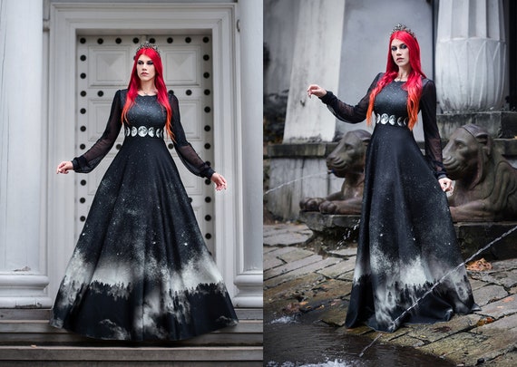 Ombre Moon Dress Gothic Forest Witchy Wedding Morticia Wednesday Silver  Black Maxi Ombre -  Denmark