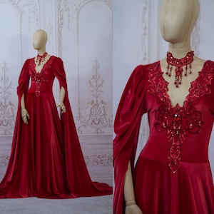 red gothic alternative medieval baroque velor decorated with stones beads wedding dress gown halloween elven fantasy long sleeves winter