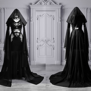 Gothic Black Wedding Dress with Detachable Tulle Train, Hood, and Bell Sleeves – Perfect for Prom and Formal Events