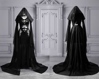 Slashed dress Addams Elvira black gothic latex wet look halloween wedding open leg long sleeves hood