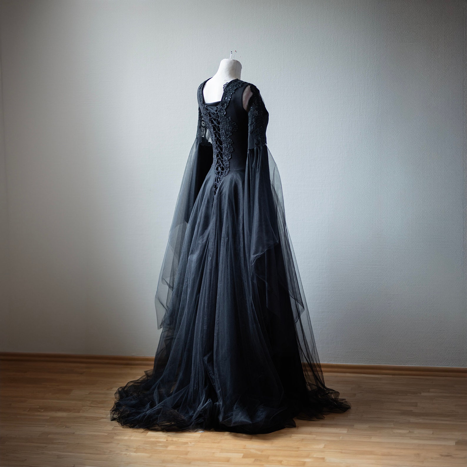 Gothic Black Guipure Dress Lace A Spape Sleeves Bells Maxi Long Train ...