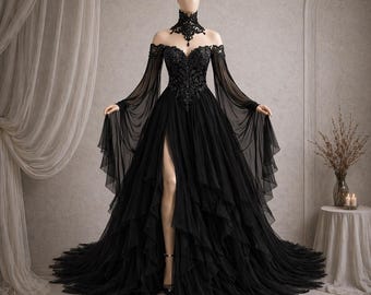 May include: A black off-the-shoulder gown with a high slit and long, flowing sleeves. The bodice is embellished with intricate beading, and the skirt features layered ruffles. A high, ornate collar adds a dramatic touch to this formal dress.