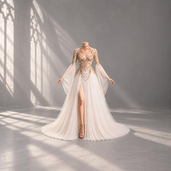 sheer gold wedding dress Aurelia Celestine Gown, Bridal Dress, Luxury Elopement Dress, Royal Bride, Custom Couture Preorder red color anarkali suit